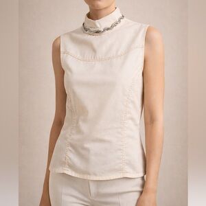 Prada Ivory Sleeveless Blouse with Embellished Collar